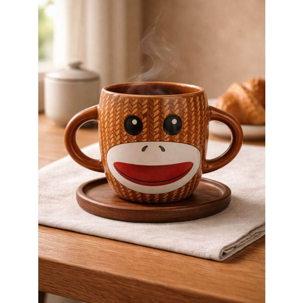 EUC Galerie Collectable Sock Monkey Ceramic Coffee Mug Coffee Cup - Dual Handles